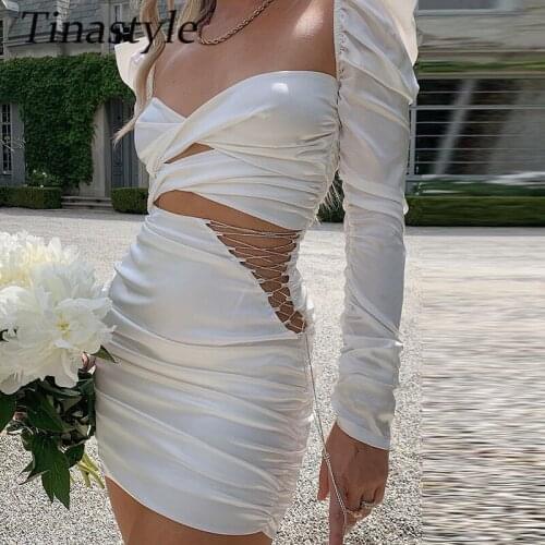 Tinastyle White Hollow Out Rhinestones Sexy Christmas Dress Women Square Collar Bodycon Mini Dress Cross Bandage Party Dresses