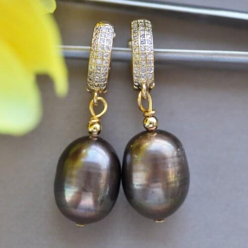 Z10653 16mm Brown-Black Rice Freshwater Pearl Gold-plating Dangle Earring CZ