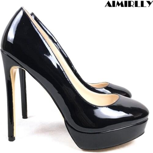 Womens Shoes Platform High Heels Pumps Round Toe Female Shoes Elegant Ladies Stilettos Slip On Patent Leather Black Aimirlly