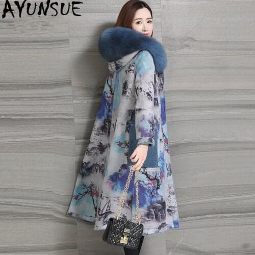 AYUNSUE Winter Jacket Women Real Fur Coat Female Fox Fur Collar 100% Wool Coat Women Double Side Wear Sheep Shearling Jacket MY