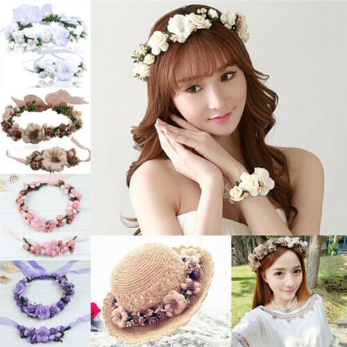 Fashion Wedding Bridal Flower Tiara Wreath Headbands For Women Floral Wreath Crowns Garland+ Bracelet Beach Hair Headdress