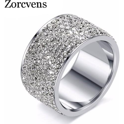 ZORCVENS New Brand Fashion Full Clear Crystal Jewelry Fashion 316L Stainless Steel Engagement Wedding Rings for Women