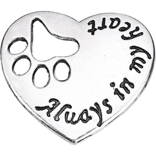 Skyrim 10Pcs Dog Paw Print Hearts Always In My Heart Love Charm Zinc Alloy Sliver Metal Pendant for Women Jewelry Making