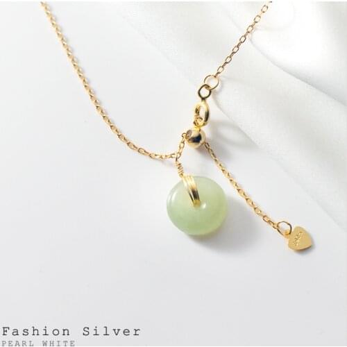 18K Gold Authentic 100% REAL. 925 Sterling Silver FINE Jewelry Natural Stone Hetian Jade Lucky Circle Pendant Necklace