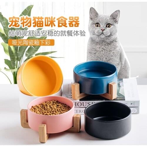 850ml Ceramic Double Cat Bowl Dog Bowl Pet Feeding Water Bowl Cat Puppy Feeder Pet Food And Water Bowls For Dogs Wood Stand