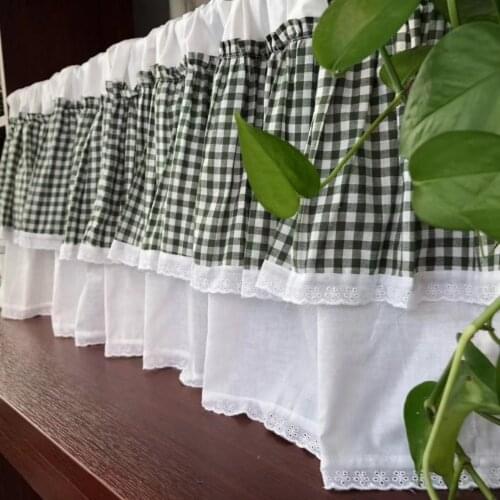 England Style Green Plaid Bunk Lace Edge Furniture Decorative Short Curtain Coffee Curtain Kitchen Curtain 40cm*150cm