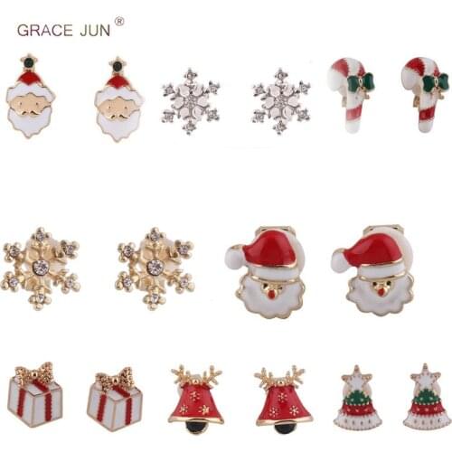 GRACE JUN New Arrival Christmas Series Santa Claus Deer Snowflake Tree Clip on Earrings No Pierced for Women Girl Ear Clip