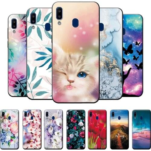 For Samsung A20 Case Black Phone Covers For Samsung Galaxy A20 Slim Back Cover Case Flowers Silicone Case Soft TPU on A205FN 6.4
