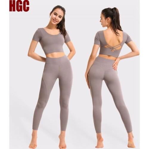 HGC Yoga Set Women Short Sleeve Sportwear Butt Lifting Sport Leggings Top Sexy Beautiful Back Gym Slim Sexy Running Fitness Suit