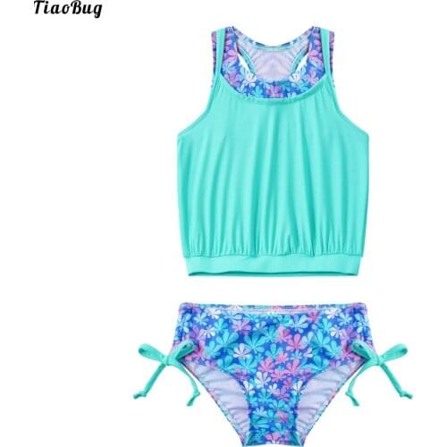 TiaoBug Summer 2Pcs Kids Girls Tankini Sets Round Neck Sleeveless Racer Back Vest Top And Briefs Beach Bathing Swimwear Swimsuit