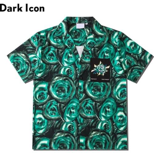 Dark Icon Green Rose Mens Shirt Short Sleeve Hawaiian Shirts Men Vintage Street Shirts Man