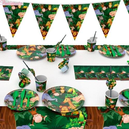 PATIMATE Jungle Animal Disposable Party Tableware Set Plate Cup Napkins for Kid Birthday Party Supplies Safari Jungle Party deco