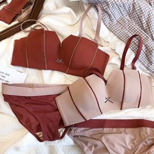 Honviey gathered lingerie briefs detachable double shoulder strap bralette no steel ring half cup comfortable soft sexy underwe