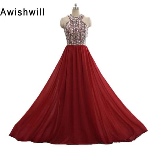 New Arrival Burgundy Evening Gowns Sleeveless Shiny Beadings Chiffon Special Occasion Dress Long Prom Dresses Christmas Dress