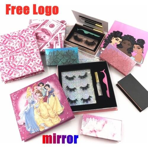 Print logo New wholesale eyelash packaging box 3 pairs lash boxes package faux cils 25mm mink lashes strip empty with mirror