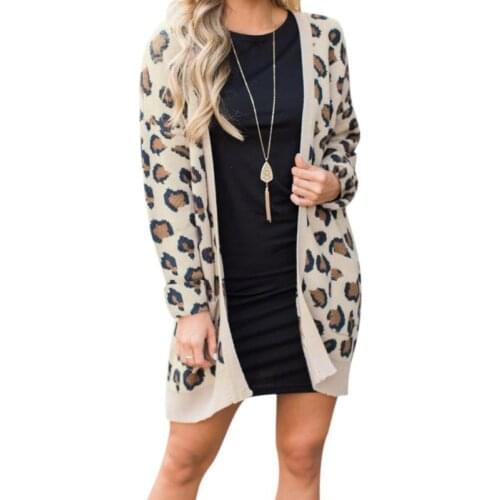 Casual Sexy Leopard Print Slim Pocket Jacket Long Sleeve Warm Long Coat Women Autumn Winter Loose Knitted Cardigan