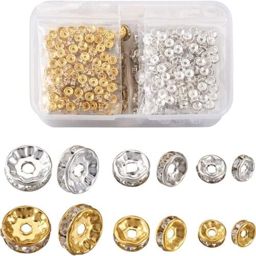 600pcs Iron & Brass Rhinestone Spacer Beads for Jewelry Bracelet Making DIY Grade B Rondelle Clear 6~10x3~4mm Mixed 2 Color
