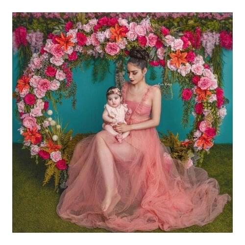 Sexy Soft Tulle Maternity Dresses Sleeveless O Neck Ruffles Sheer See Thru With Train Long Women Pregnancy Dressing Gown