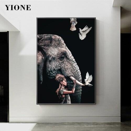 Modern African Animal Canvas Paintings Black Wild Elephant Birds and Woman Poster Wall Art Print Picture for Living Room Bedroom