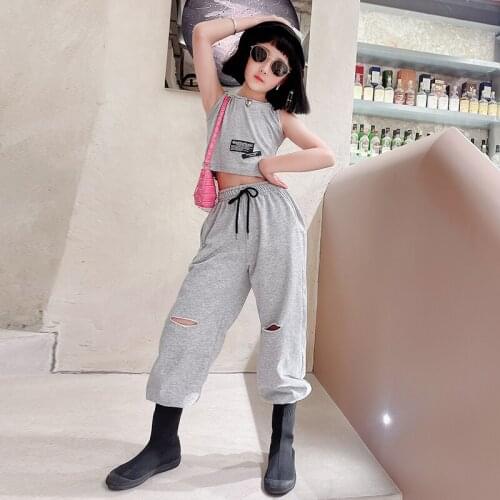 Trend Girls Garment Vest Tops + pants Suits Patch Tees Broken Holes Joggers Sweatpant Casual 2pcs Sets Cool Girls Sports Outfits