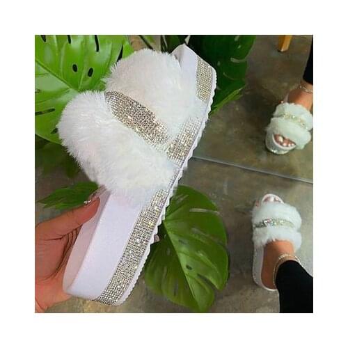 Furry slippers female summer new style thick-soled color diamond slippers explosion models sandals fashion all-match personality