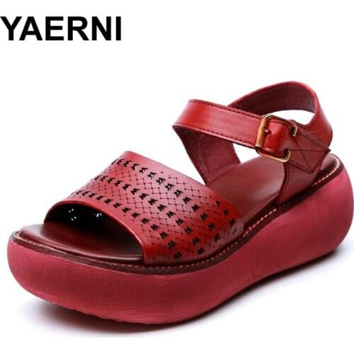 YAERNI Sandals Women 2019 Genuine Leather Wedges Sandals Summer Casual Shoes Retro Open Toe Women Platform Sandals Sandalia