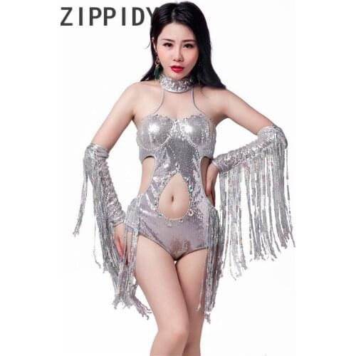 Silver Bright Sequins Tassel Rhinestones Hollow Bodysuit Women Set Ds Nightclub Dj Bar Female Singer Stage Performance Costume