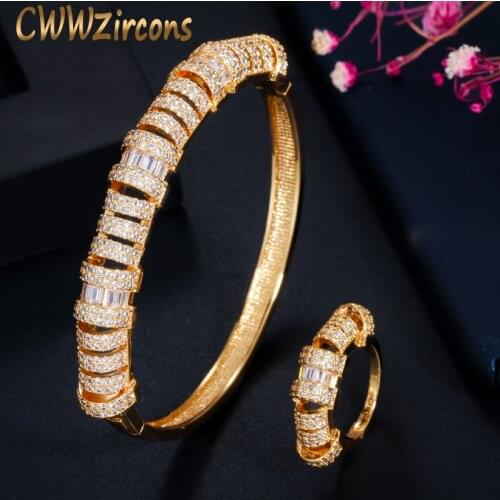 CWWZircons Chic 585 Gold CZ Round Cuff Bangle Bracelet Ring Sets for Women African Dubai Bridal Wedding Jewelry Accessories T391