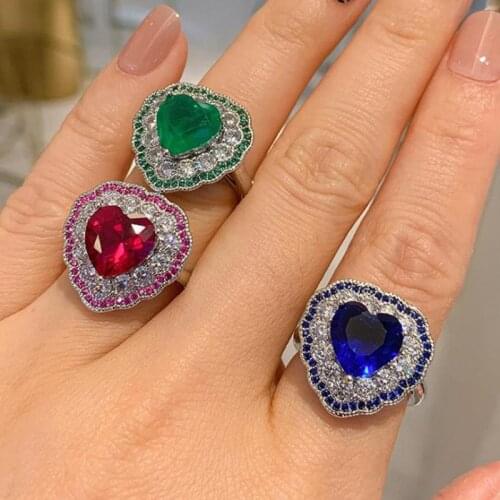 Charms 925 Sterling Silver 10*10mm Heart-shaped Ruby Emerald Sapphire Rings For Women Luxury Lab Diamond Party Fine Jewelry Gift