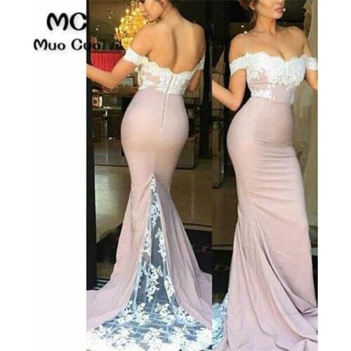 Blush Pink Off Shoulder Mermaid Evening Dresses Long Sweep Train Elastic Satin Short Sleeve Formal Evening Party Dress