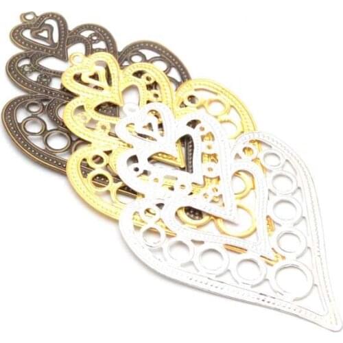 10PCs Heart Shape Pendant Filigree Wraps Connectors Metal Crafts Gift Decoration DIY Findings 55x85mm