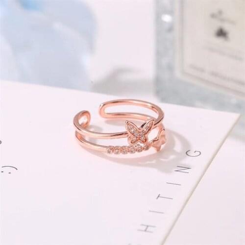 2021 Fashion Crystal Double Butterfly Open rose gold Rings Rhinestone Zirconia Wedding Party Rings for Women Gift Jewelry
