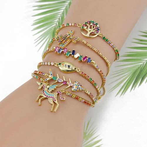 Random Rainbow CZ Women Bracelet Tree of Life Unicorn Shell Charms Tennis Gold Color Chain Bracelets & Bangles For Women Jewelry
