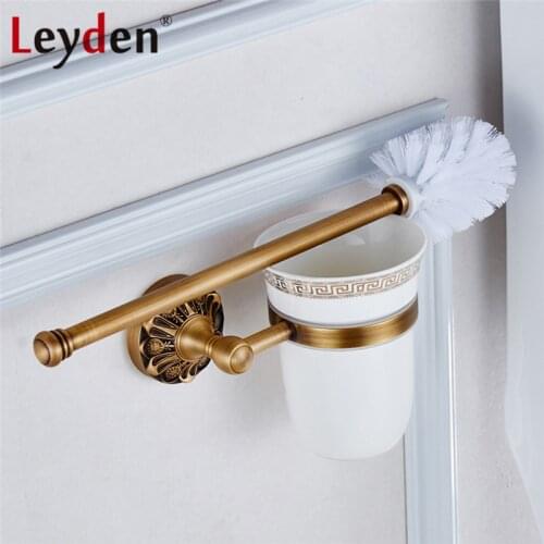 Leyden Antique Brass/ Black Toilet Brush Holder Wall Mounted Toilet Brush Set Copper Antique Toilet Brush with Porcelain Cup