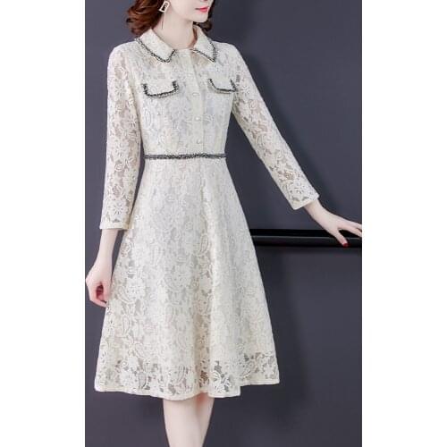 Elegant office ladies OL work dress women casual pearl buttons hollow lace dress female slim long party dress midi robe