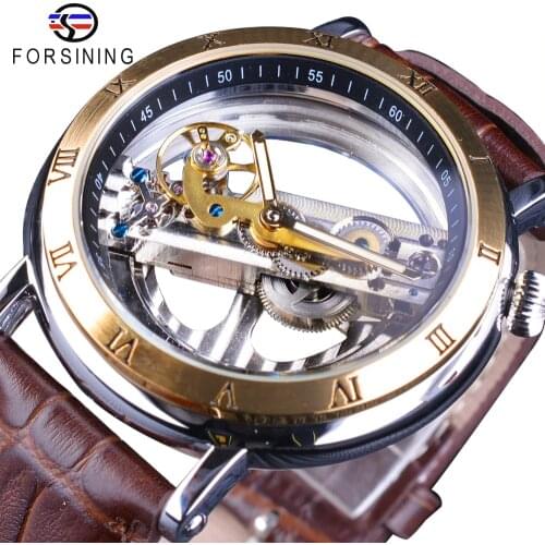 Forsining Double Side Transparent Brown Leather Waterproof Automatic Mens Watches Top Brand Luxury Skeleton Creative Wristwatch