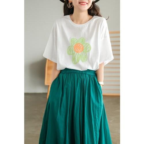 21New Women Tshirts Summer Casual Loose Print Simple Female Wild Cotton Sunflower Tops Fashion