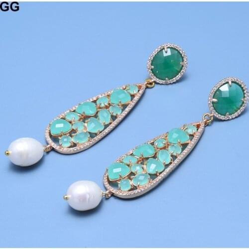 GuaiGuai Jewelry Natural Cultured White Rice Pearl Bezel Set Green Cat Eye Flower Connector CZ Pave Stud Earrings For Women