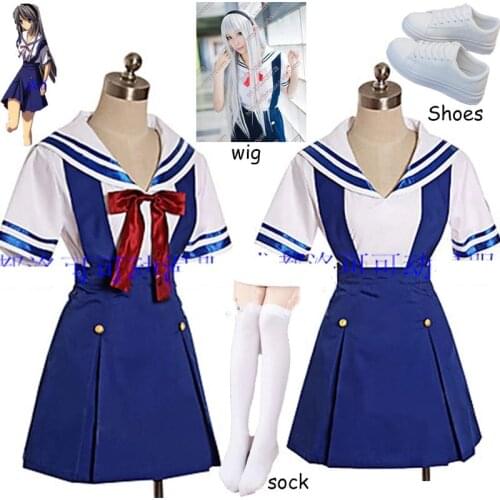 Game Clannad Cosplay After story Summer School Uniform Set Cos Halloween Party Costumet Shirt + Strap Skirt + Bow Tie Cos Wig