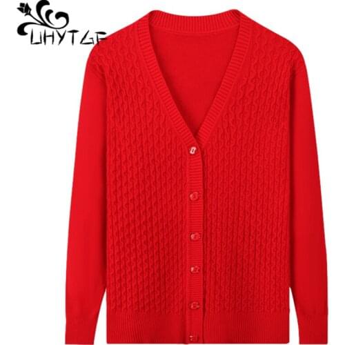 UHYTGF Cardigan For Women Fashion Single-Breasted Knitted Spring Autumn Sweater Coat Middle-Aged Elderly Elegant Top Female 1950