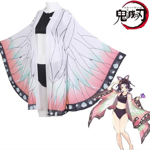 Demon Slayer Cosplay Kimetsu No Yaiba Kamado Tanjirou Two Piece V Neck Bathing Suit Bikini Swimsuit with Sheer Kimono Cardigan