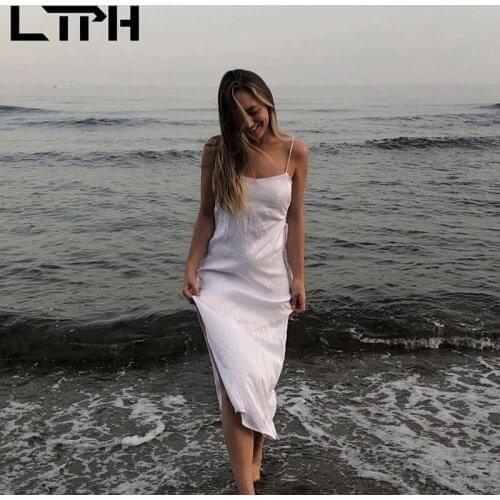 LTPH fashion side hollow out white dress women satin texture cotton blend long sleeveless camisole dresses 2021 summer new