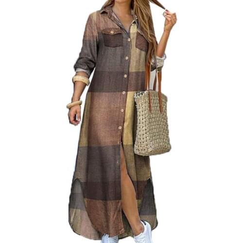 Fashion Women Dress Single-breasted Long Sleeve Printed Loose Maxi Shirt Dress for Office Summer Women clothes Blue xxxl