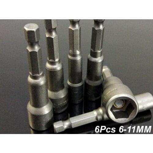 6Pcs Set 6-11MM Magnetic Hex Sleeve/Socket Nozzles Nut Driver Set Hexagon Screwdriver Adaptor 1/4" Hex Shank Power Hand Tools