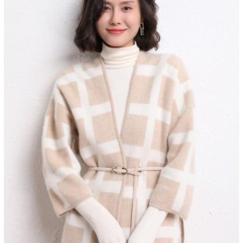 2021The New100% Cashmere Color matching gridHigh-end Thickened Autumn And Winter V-neck Cardigan Knitted All-match ve