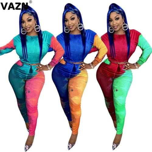 VAZN New Hot 2020 Sexy Women 2-Piece Long Peatchwork Set Full Sleeve O-neck Pullover Tees Pnecil Pants Set Young Casual Chic Set