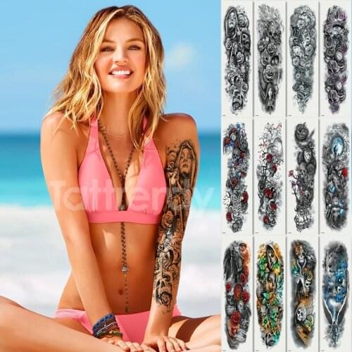 2018NEW Full Flower Tattoo Waterproof temporary tattoo Sticker Skull Angel rose lotus clock pattern Arm Body Art Big Fake Tattoo