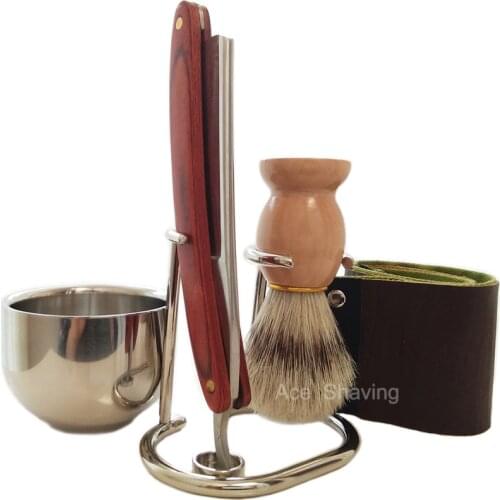 Barber Straight Razor Folding Knife Shaving Set Stand Stainless Bowl Cup Boar Bristle Brush Holder
