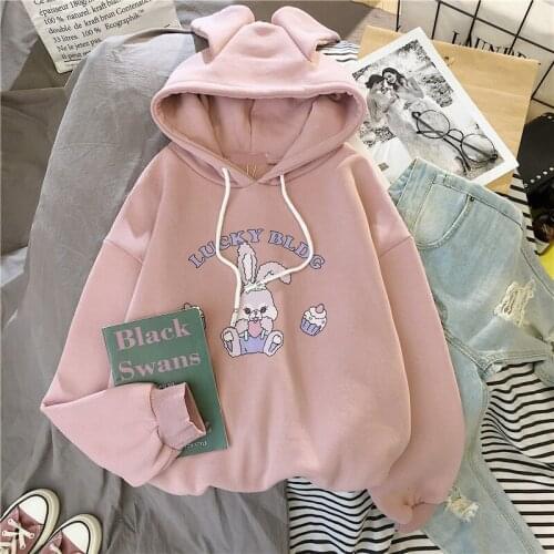 Casual Women Winter Hoody Sweatshirt Print Cartoon Kawaii Harajuku Pink Letter Love Heart Bunny Pullover Female Student Tops