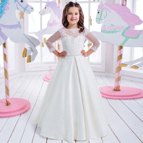 Pageant Dresses for Girls Glitz Sheer O-Neck Lace Up Long Sleeves Appliques First Communion Dresses for Girls Vestido De Daminha